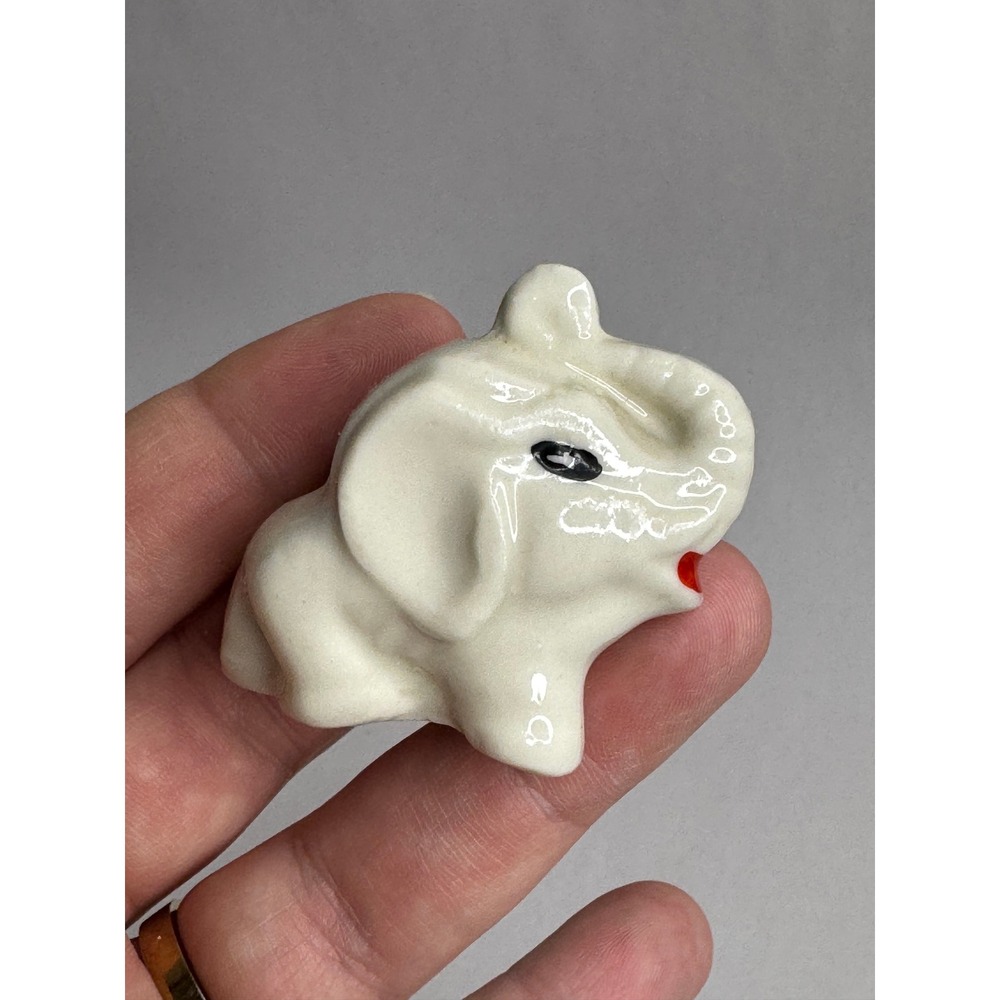 Vintage Ceramic Elephant Figurine White Tiny Cute Trinket Decor